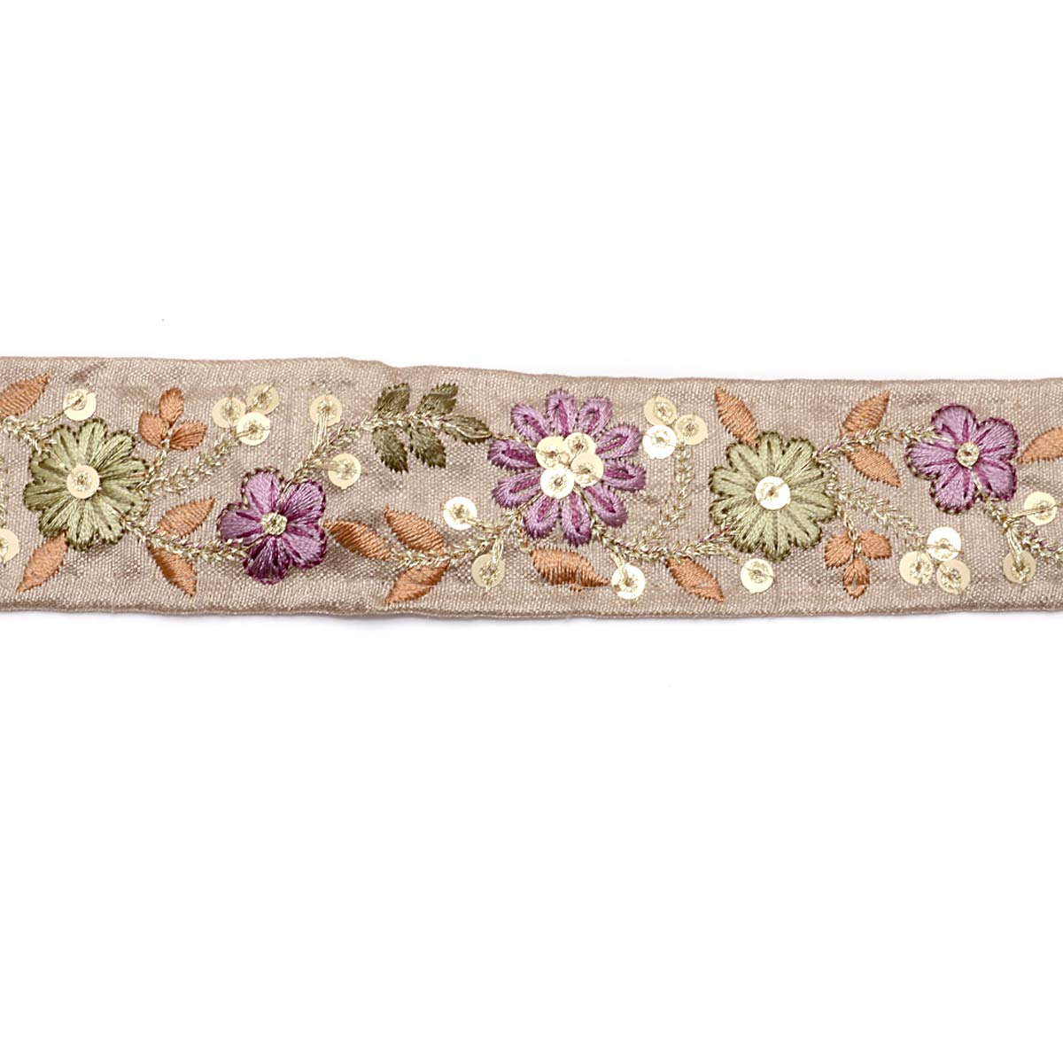 インド刺繍リボン スパンコール付き金の茎の花柄刺繍リボン 幅35mm