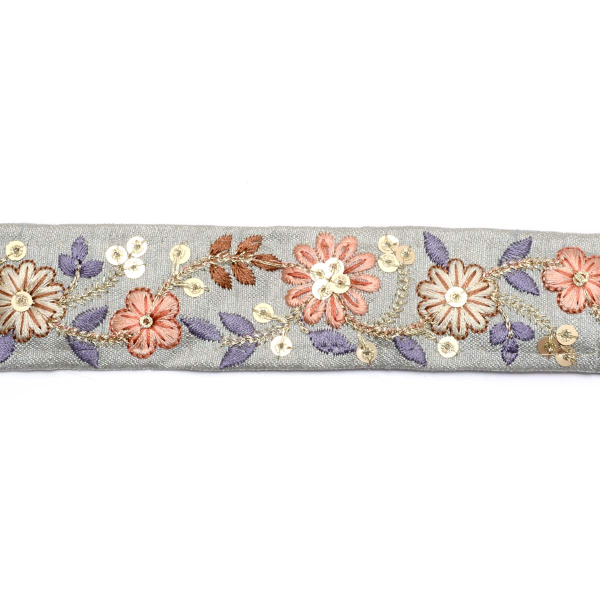 インド刺繍リボン スパンコール付き金の茎の花柄刺繍リボン 幅35mm