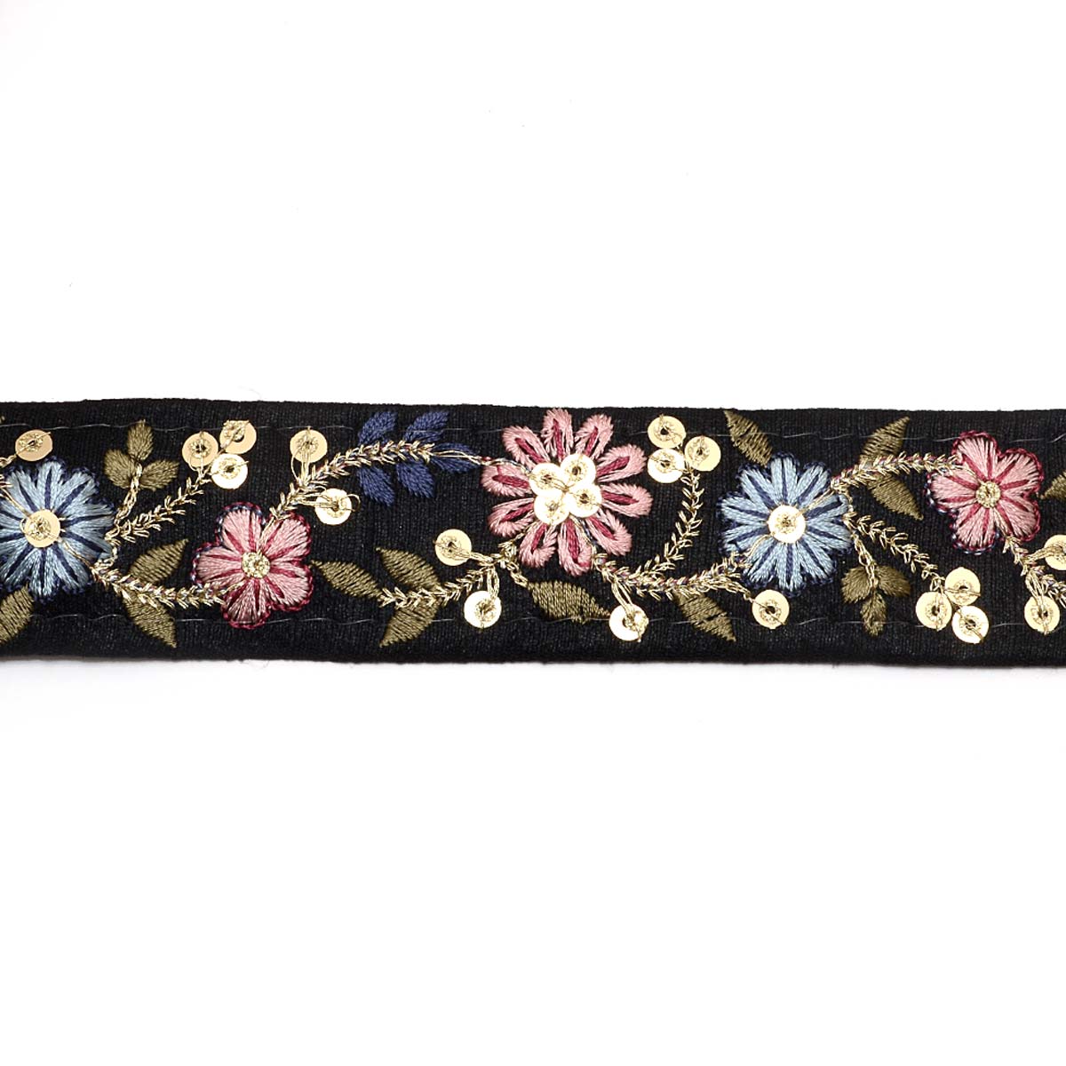 インド刺繍リボン スパンコール付き金の茎の花柄刺繍リボン 幅35mm