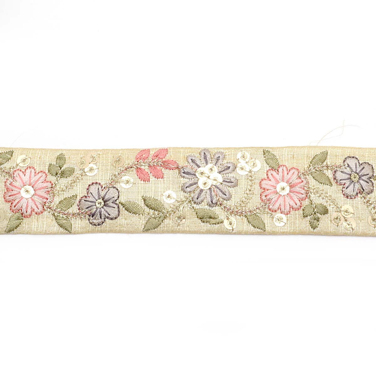 インド刺繍リボン スパンコール付き金の茎の花柄刺繍リボン 幅35mm