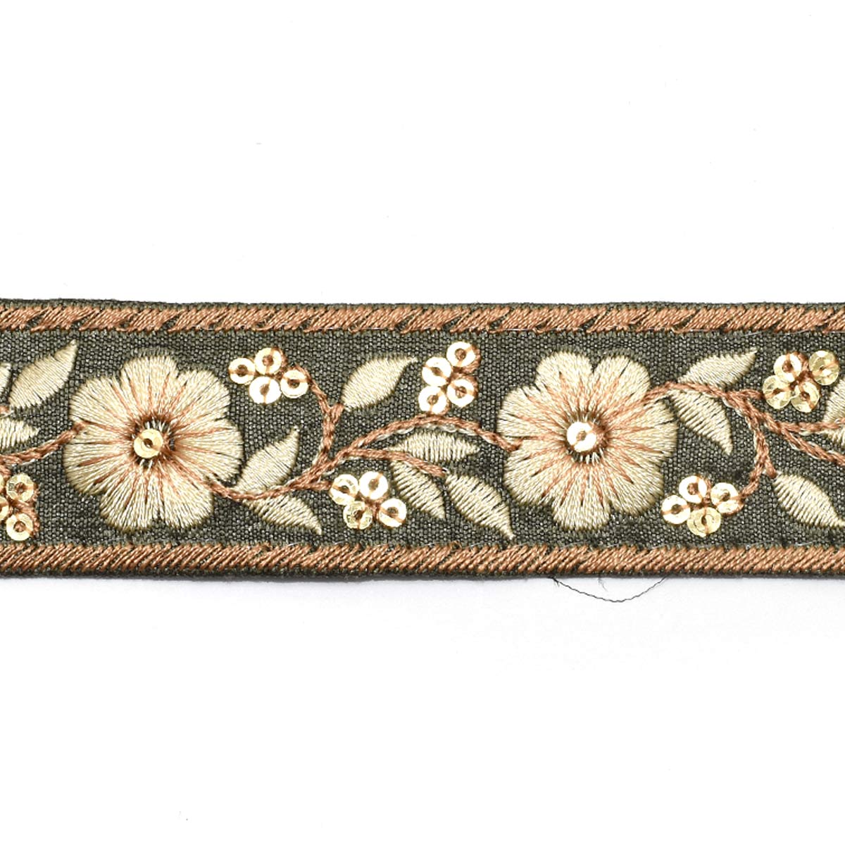 インド刺繍リボン ゴールドスパンコール付き花柄と縁取り刺繍リボン 幅 