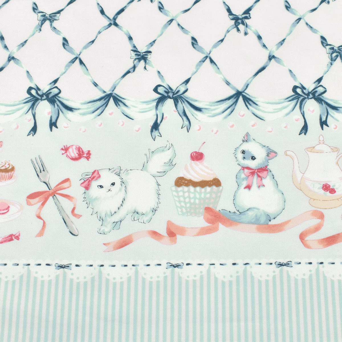 ねことリボンの片耳ボーダー オックス生地 AP45205-2 コスモ (50cm以上