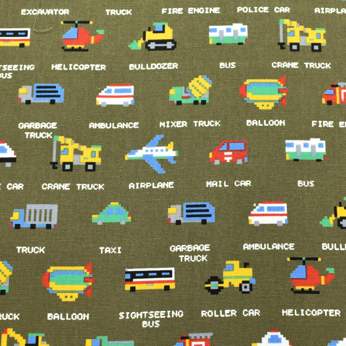 ドット絵の働く車 オックス生地 HSK656 カナヤス (50cm以上10cm単位