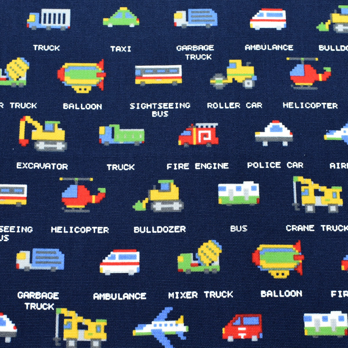 ドット絵の働く車 オックス生地 HSK656 カナヤス (50cm以上10cm単位