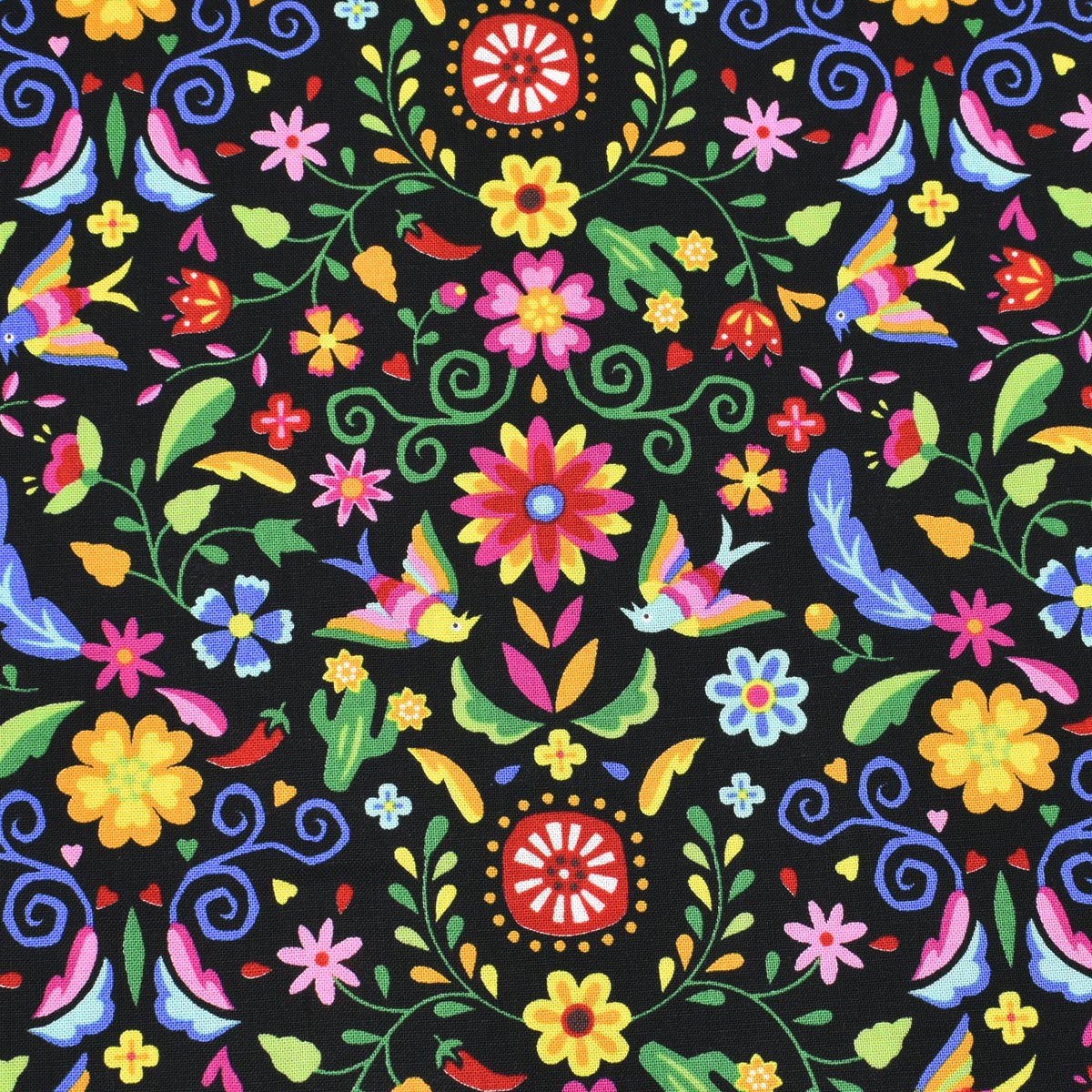 メキシコ刺繍風の鳥と植物 シーチング生地 NN2319-11 コスモ (30cm以上