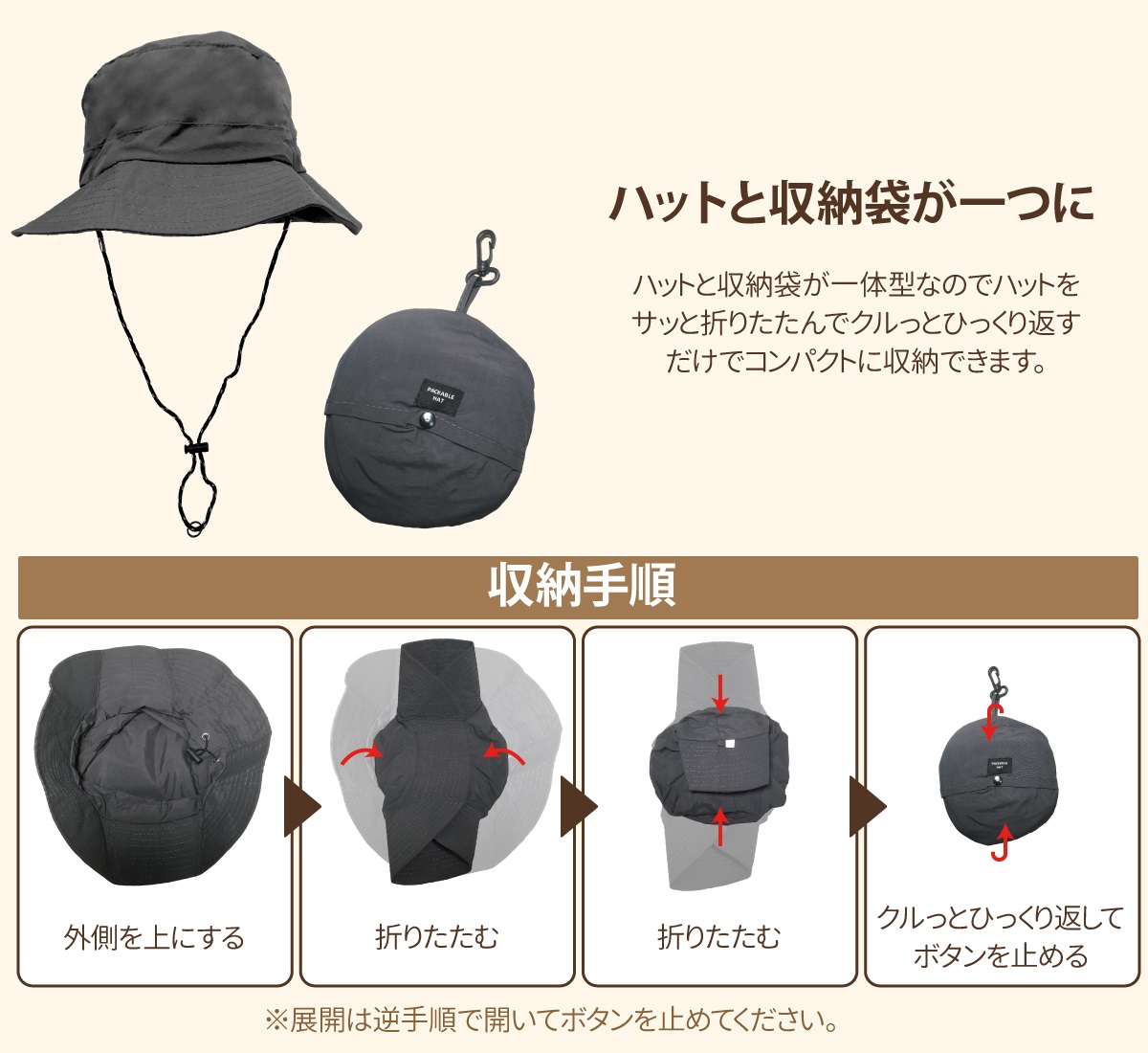 ハットと収納袋が一つに