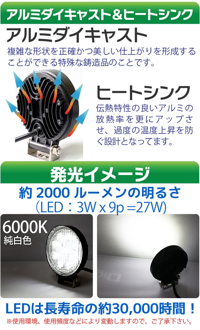 10個セット 12V/24V LED作業灯 27W 丸型 2000LM 6000K ワークライト 防水 led作業用ライト フォークリフト トラック  船舶 倉庫作業 ライト :008053-10p:MANSHIN - 通販 - Yahoo!ショッピング