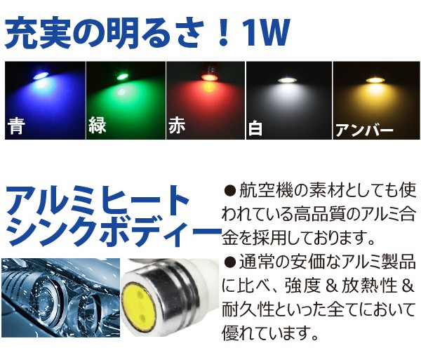 LED T10 1W カラーLED ウエッジ球 レッド グリーン ブルー アンバー