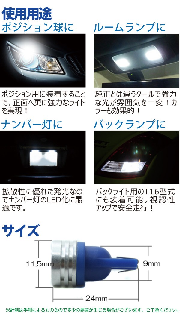 LED T10 1W カラーLED ウエッジ球 レッド グリーン ブルー アンバー