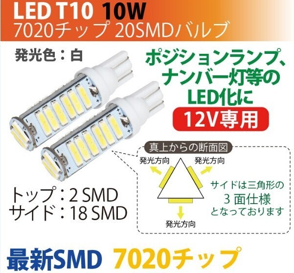 LED T10 7020チップ 20SMD 白 ウエッジ球 ウインカー テールランプ