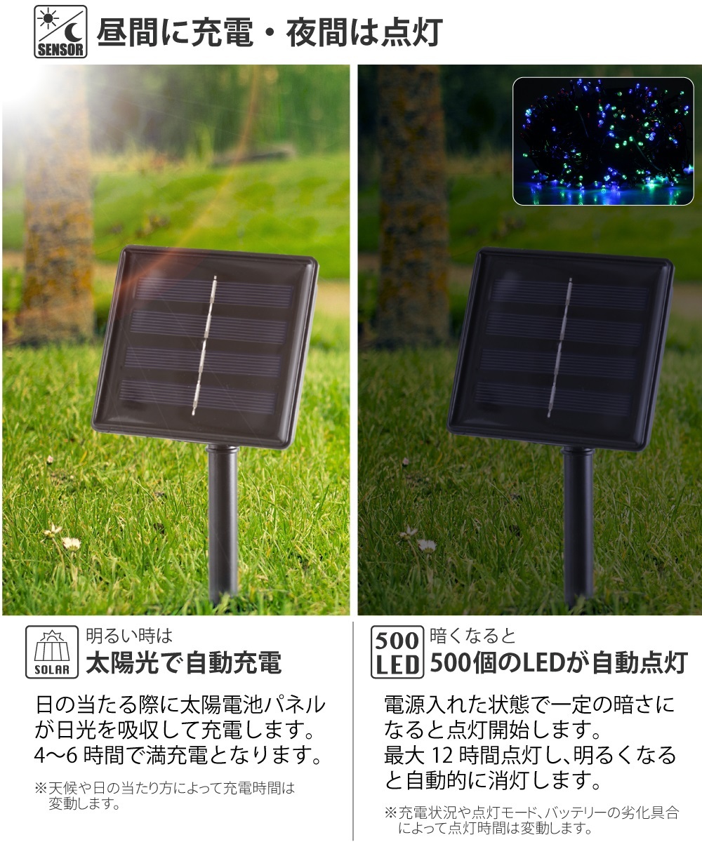 日本産 LED ソーラー イルミネーション ストレート LED500球 長さ50m 全4色 屋外用 防水 大容量バッテリー ソーラー充電式 ストリング  ライト おしゃれ イルミネーションライト クリスマス ハロウィン ツリー 飾り付け ガーデン 玄関 防滴