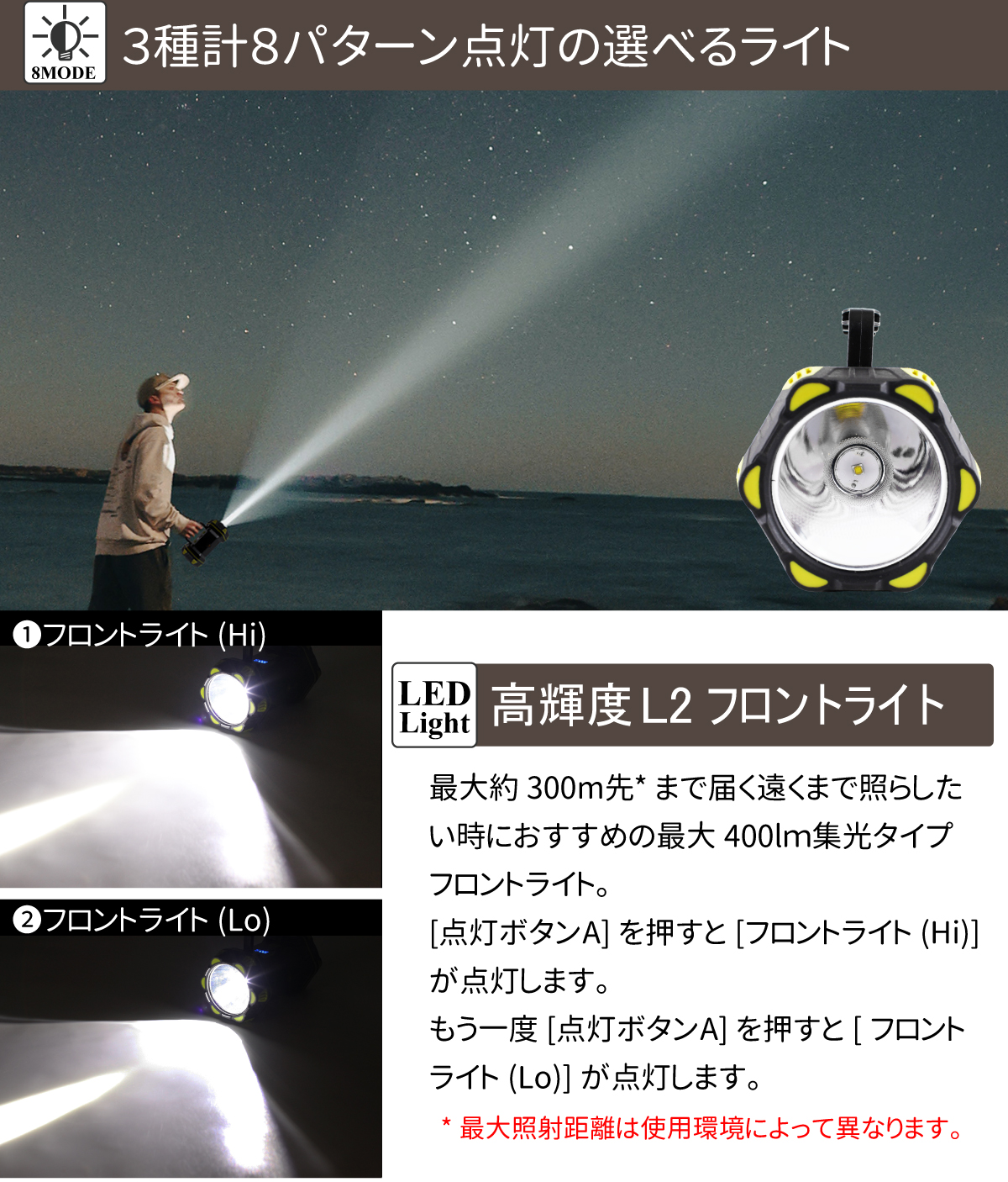 防災 非常用 多機能ポータブルサーチライト 充電式 LED 3way