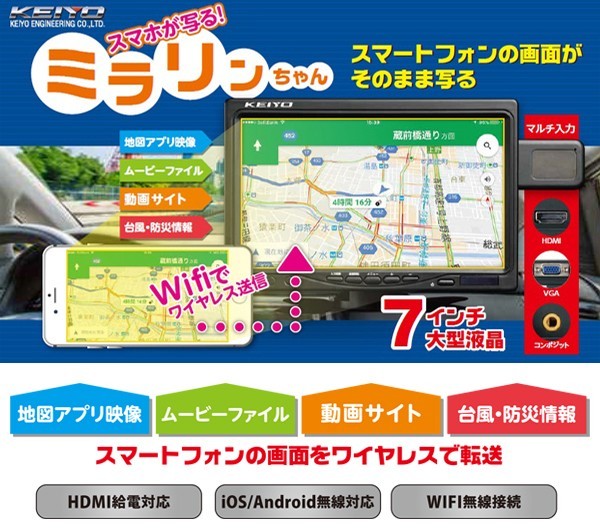 ミラーリングモニター 7インチ 車載モニター HDMI対応 WiFi無線接続