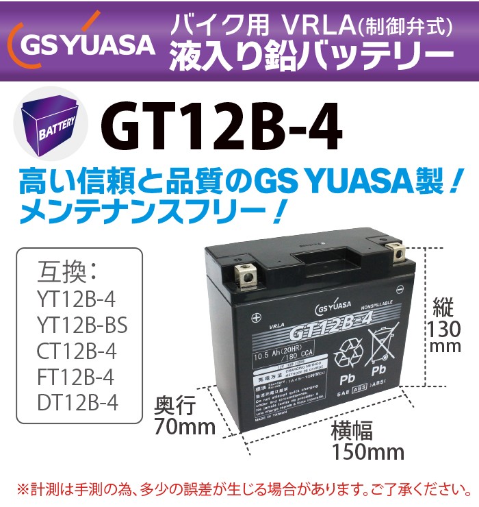 GSユアサ GS YUASA バイク バッテリー GT12B-4 液入 充電済 (互換