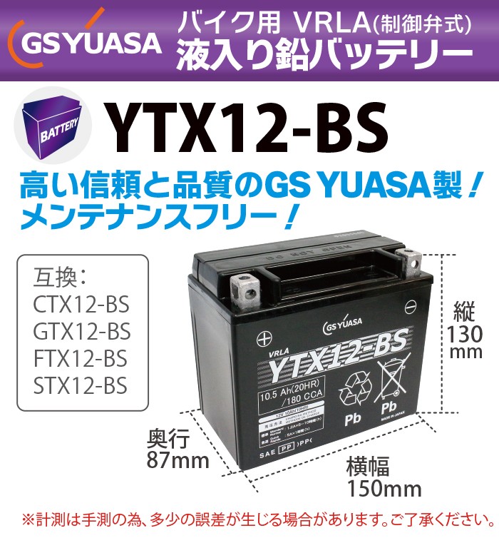 GSユアサ GS YUASA バイク バッテリー YTX12-BS 液入り 充電済み