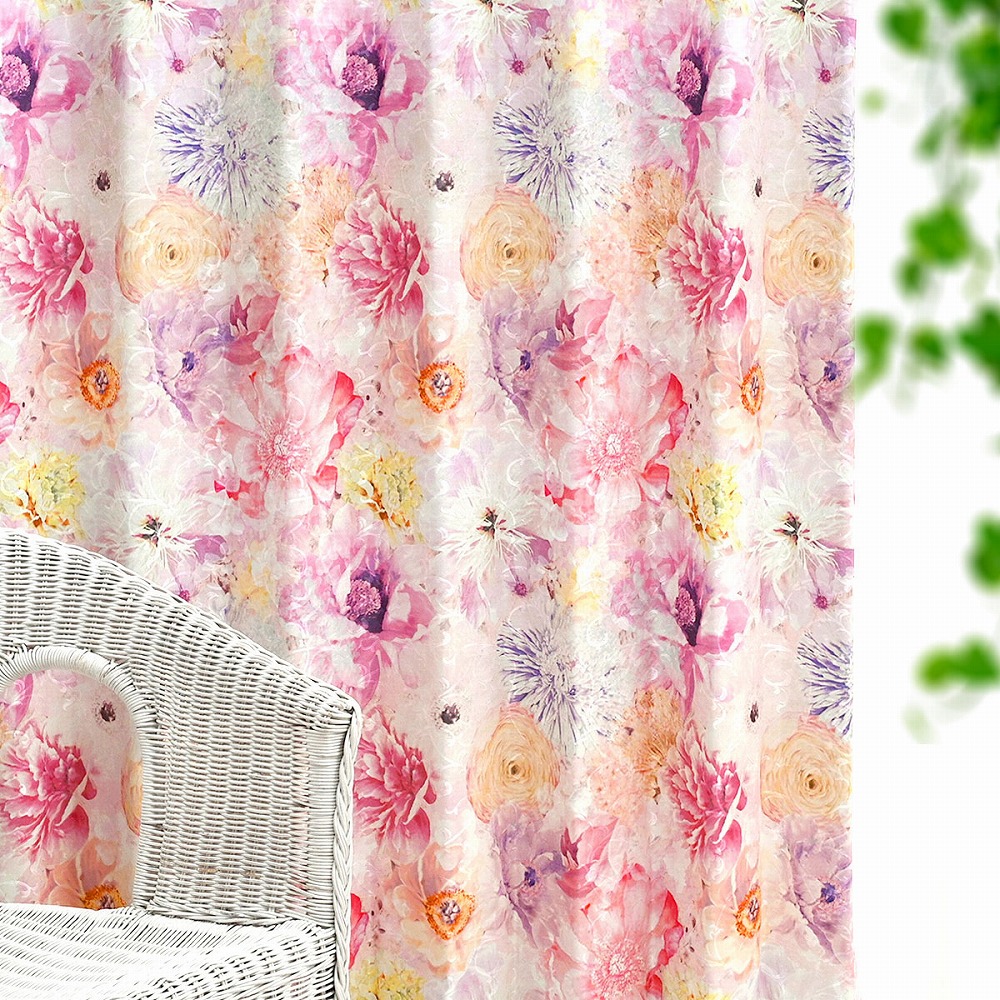 遮光★日本製 フラワー柄 カーテン 100×110cm ピンク系/北欧 花柄 カーテン 完全 遮光 1級 2枚入 【ディアナ-ピンク】満天カーテン 100