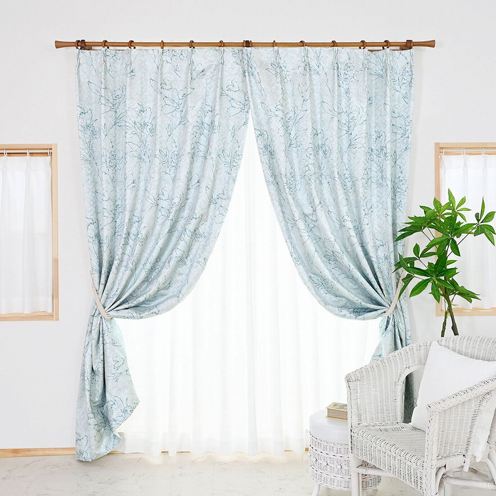 【新品未使用】花柄刺繍レースつきカーテン_完全遮光/遮熱遮断/防音/形状記憶 カーテン 完全 遮光 1級 2枚入 【レヴィ-ブルー】満天カーテン 100