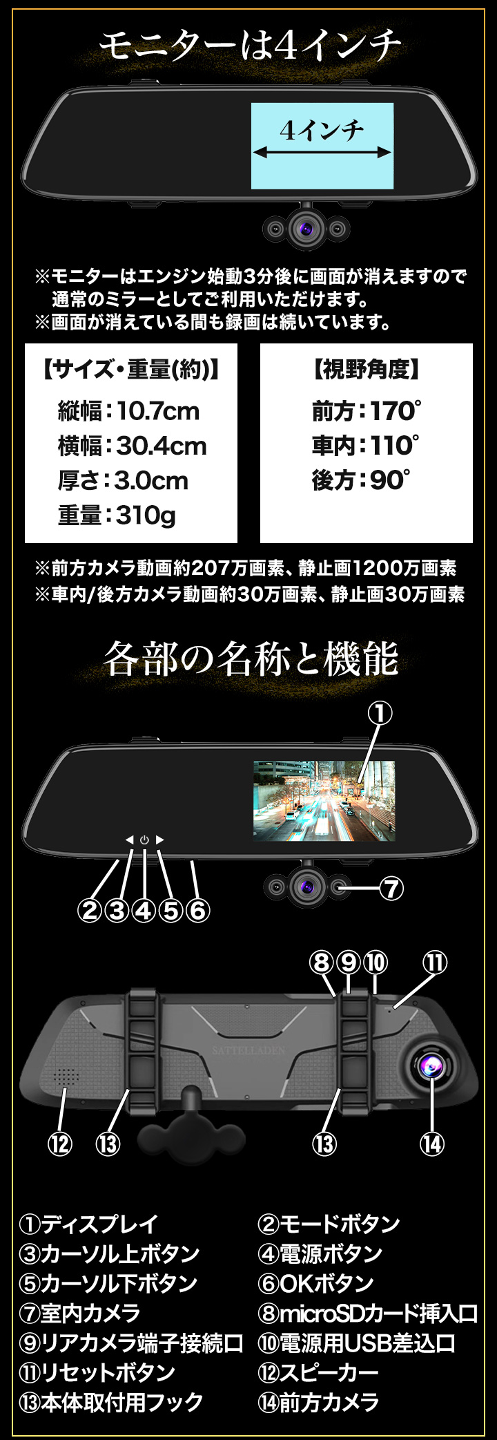 本体セット+32GBSDカード 安心ドライビング! ミラー型3カメラドライブ