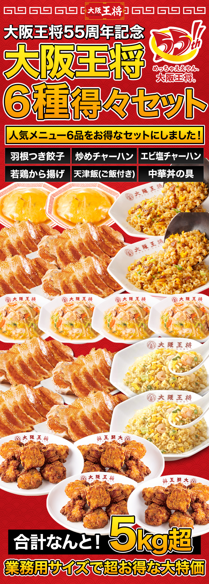 期間限定SALE中 大阪王将6種得々セット 5kg超 天津飯 唐揚げ 餃子 炒飯