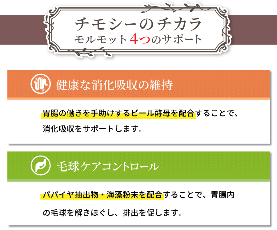 胃腸の働き手助けするビール酵母を配合することで、消化吸収をサポート パパイヤ抽出物・海藻粉末を配合することで、胃腸内の毛球を解きほぐし、排出を促します。