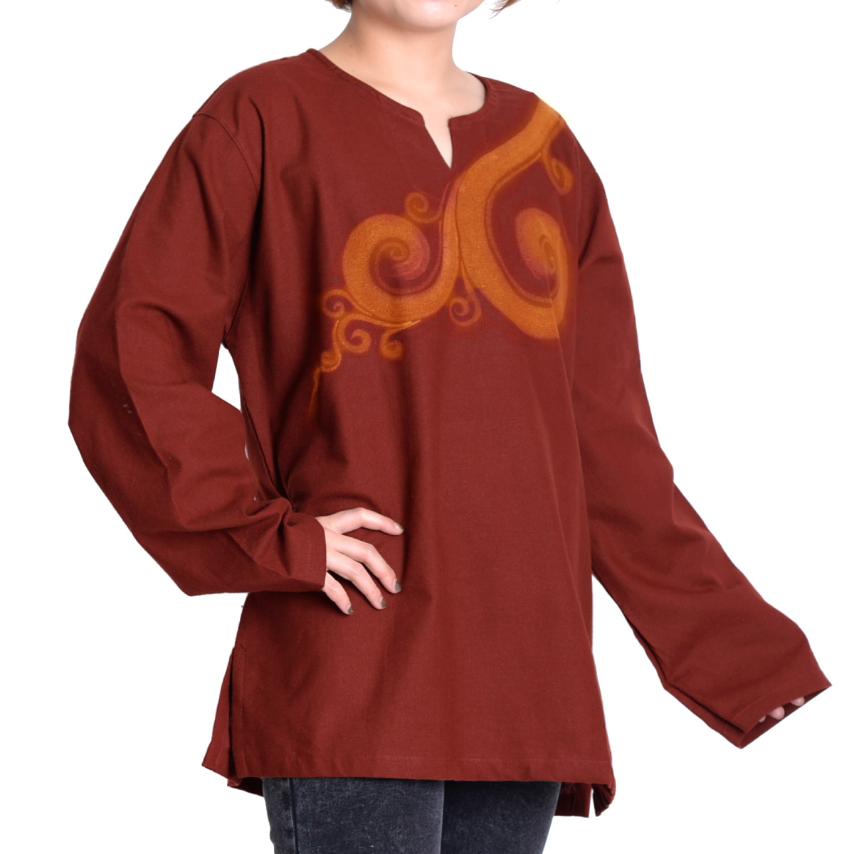 Tシャツ 長袖 プルオーバー キーネック コットン 大きいサイズ アジアン エスニック