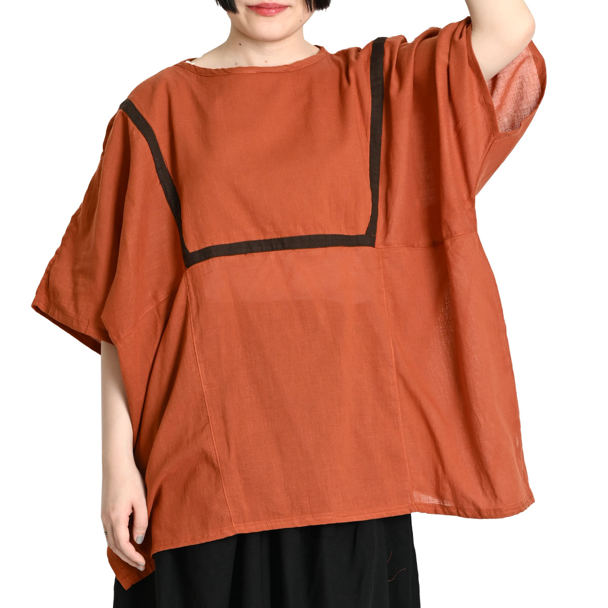 カットソー Tシャツ レディース リネン調 トップス 長袖 エスニック シャツ ポンチョ 丸首 オーバーサイズ marai Tシャツ レディース トップス 長袖 丸首 ボートネック