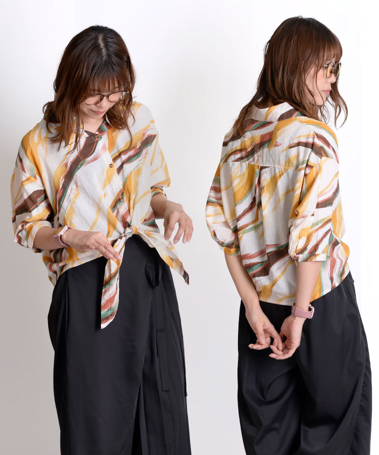 ブラウス シャツ トップス Tシャツ 夏 レディース 大きいサイズ 七分袖 レイヤードスタイル 柄物 クラシカル マダム 華やか 大人カジュアル ベージュ レッド ブ xd-ei-037.jpg