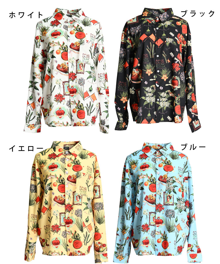 marai 柄シャツ メンズ レディース 長袖 シャツ ブラウス 総柄 柄 花柄 