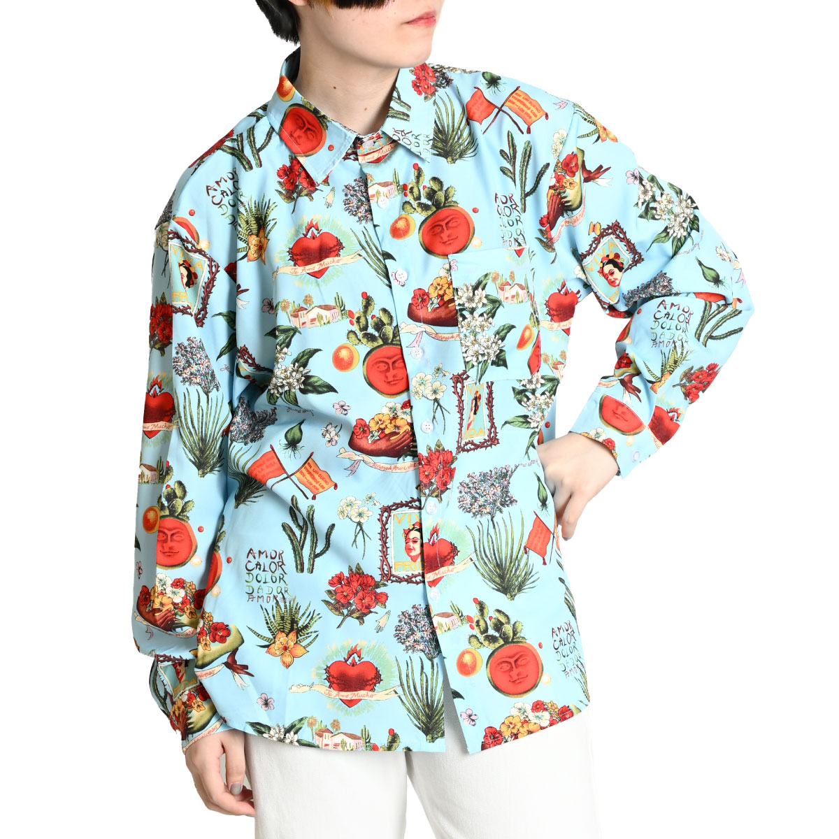 MASSARDI　柄シャツ　シルクシャツ　総柄　蝶々　花柄　レディースL marai 柄シャツ メンズ レディース 長袖 シャツ ブラウス 総柄