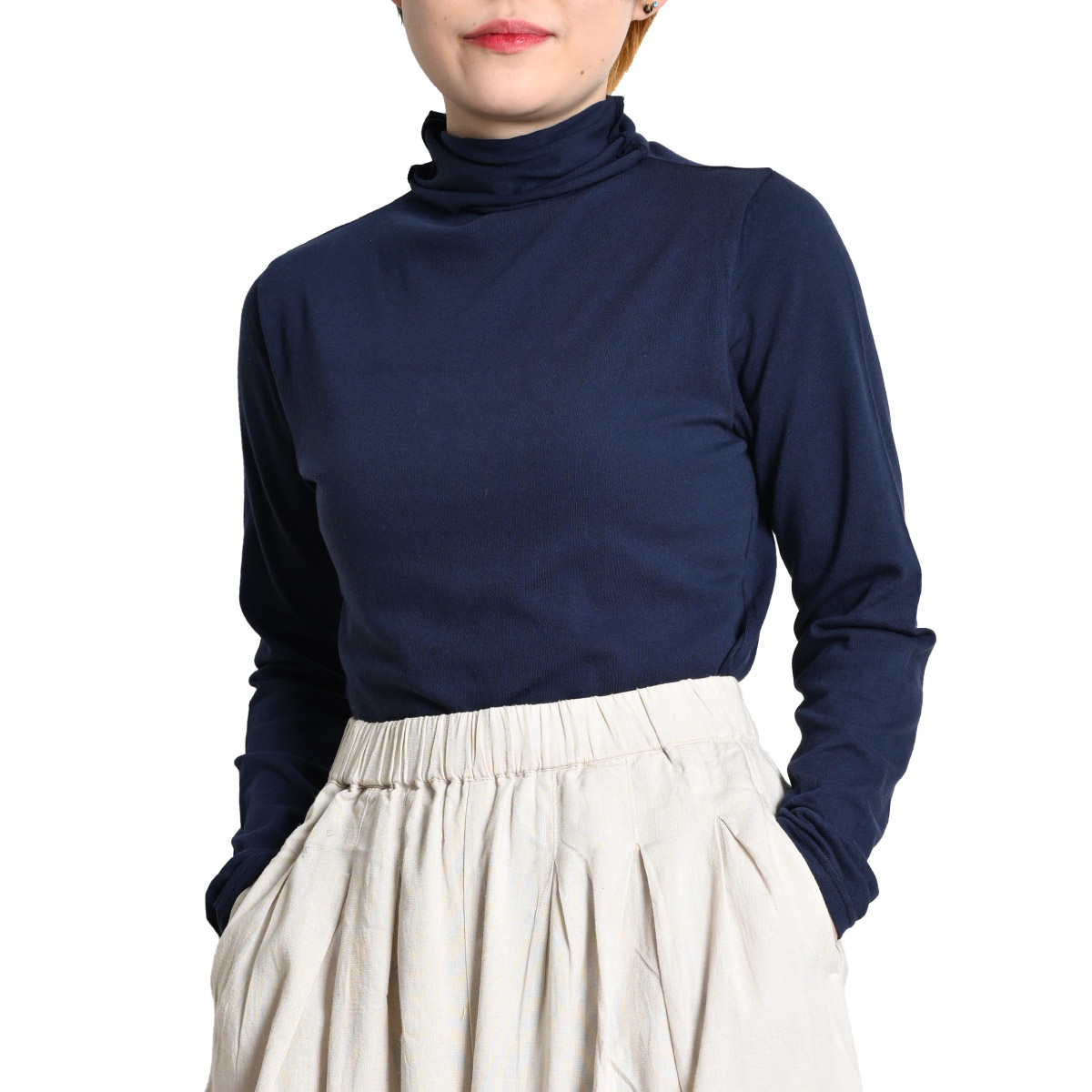 美品　アンパスィ　ハイネックシャツ　長袖カットソー　日焼け対策　ネイビー　L 美品 アンパスィ ハイネックシャツ 長袖カットソー 日焼け対策
