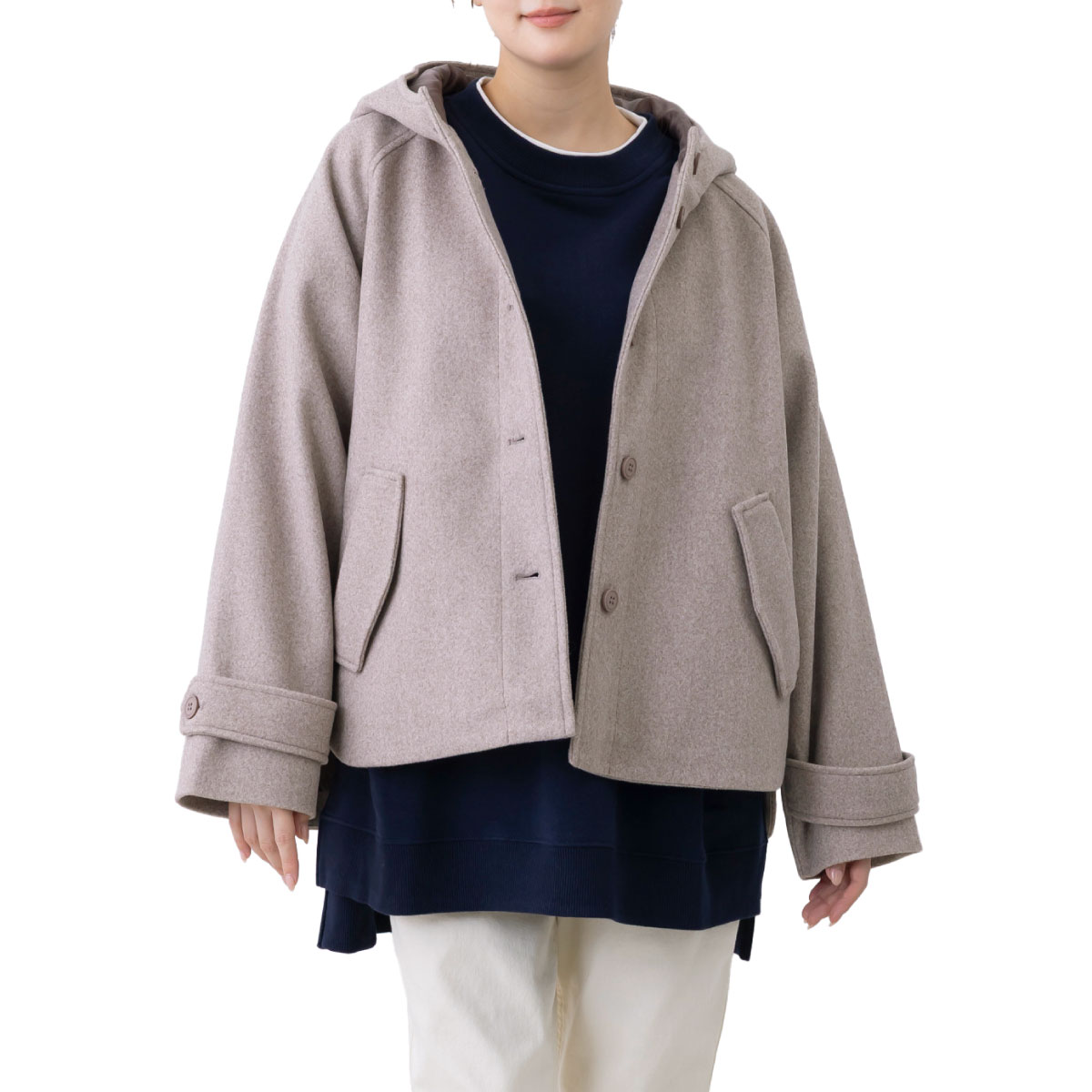 FABLICE フード付きジャケット Lサイズ グレー レディース 大人 上品 ダブルフェイスフード付きウール混ジャケット