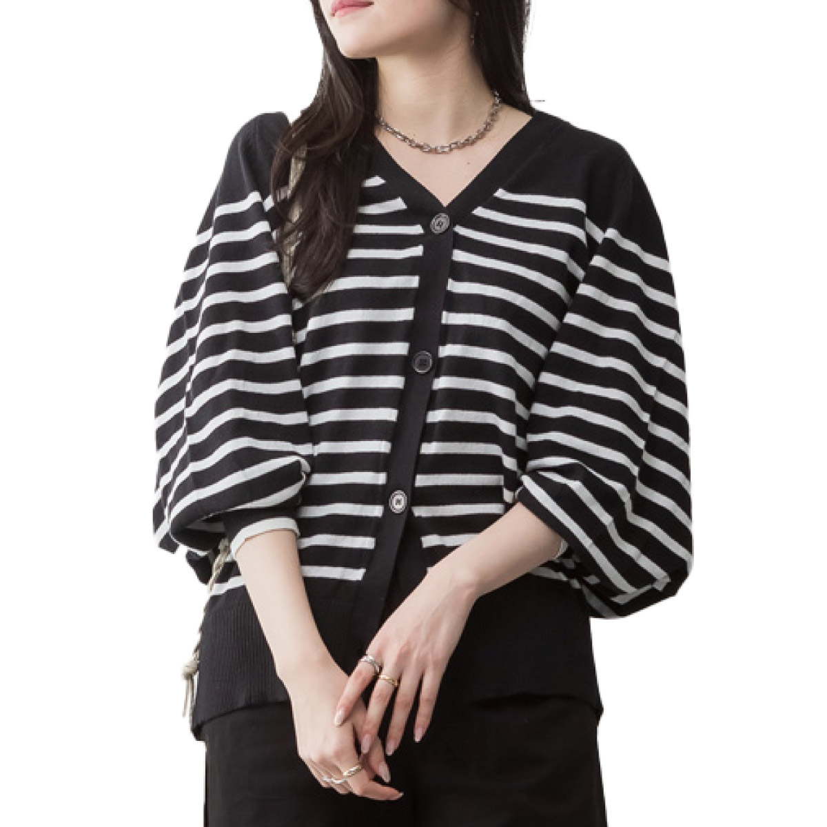 marai（マーライ） ボーダー カーディガン キーネック ドルマン