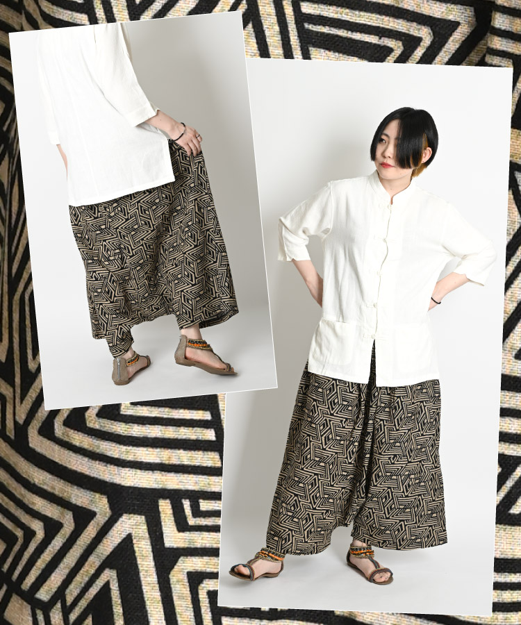 幾何学柄サルエルパンツ