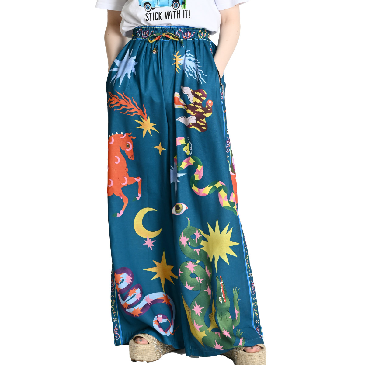 エスニックワイドパンツ　ブルー タイパンツ ワイドパンツ レディース エスニック ファッション 花柄