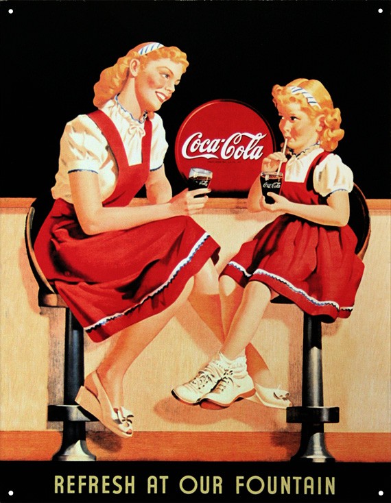 C3 ブリキ看板 Coca Cola コカコーラ カウンターでコーラを飲む母娘