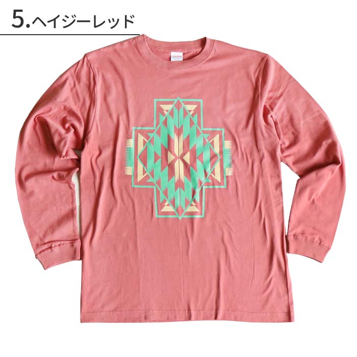 長袖 Tシャツ 大きめ 綿100% 袖リブ エスニック オルテガ 柄 ワン