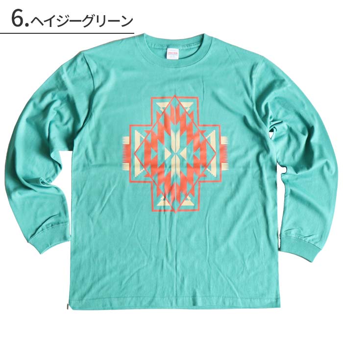 長袖 Tシャツ 大きめ 綿100% 袖リブ エスニック オルテガ 柄