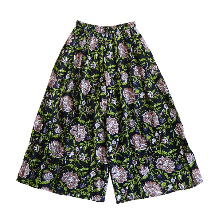 あちゃちゅむムチャチャ 花柄 リネン混 ガウチョパンツ 裾絞り 36 インド製 パンツ ワイドパンツ エスニック ボトムス ガウチョパンツ レディース