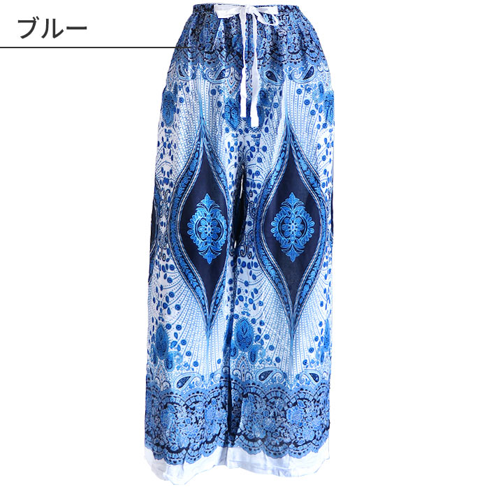 エスニックワイドパンツ　ブルー タイパンツ ワイドパンツ レディース エスニック ファッション 花柄