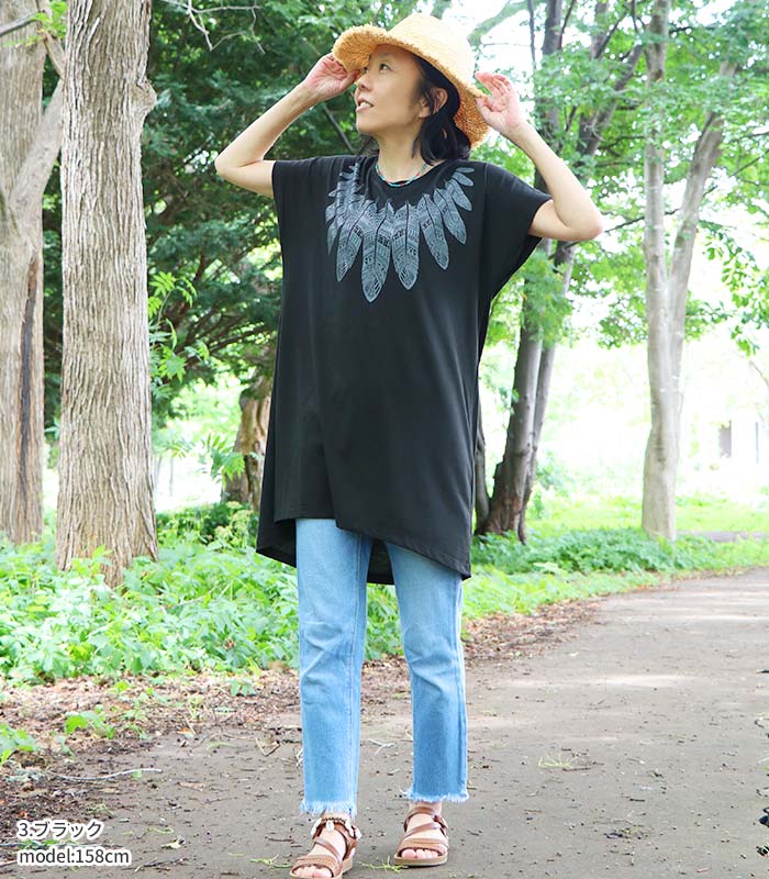 ワンピース エスニック 半袖 Tシャツ チュニック ドルマン コットン