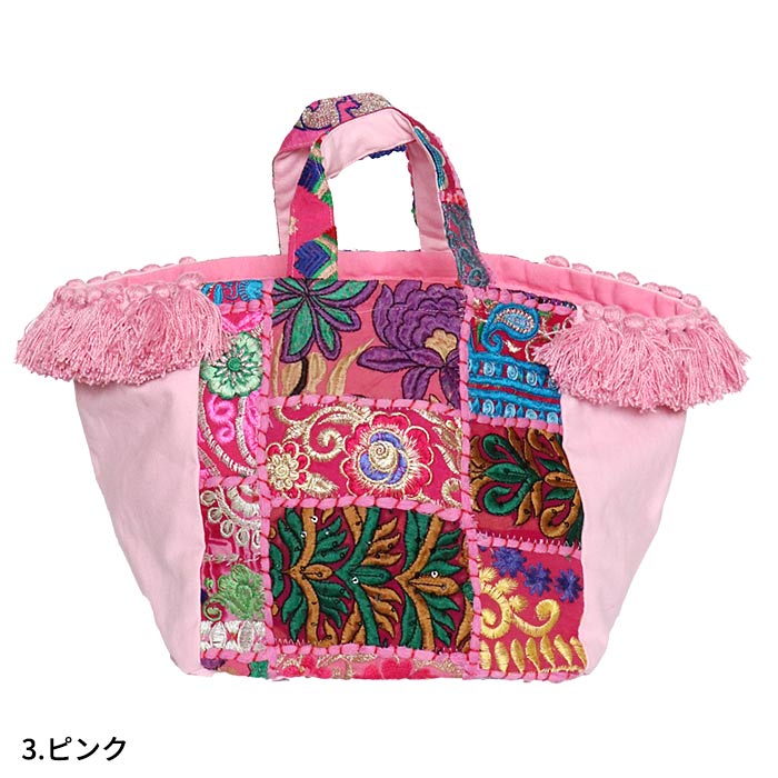 トートバッグ エスニック アジアン 刺繍 手持ち ハンドバッグ かばん 鞄 巾着 マチあり カンバディア パッチワーク 大人 レディース ビーズ ラメ (3)｜marblemarket-ethnic｜04