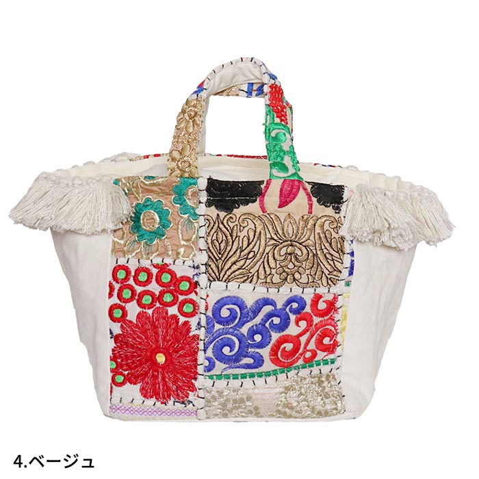 トートバッグ エスニック アジアン 刺繍 手持ち ハンドバッグ かばん 鞄 巾着 マチあり カンバディア パッチワーク 大人 レディース ビーズ ラメ (3)｜marblemarket-ethnic｜05