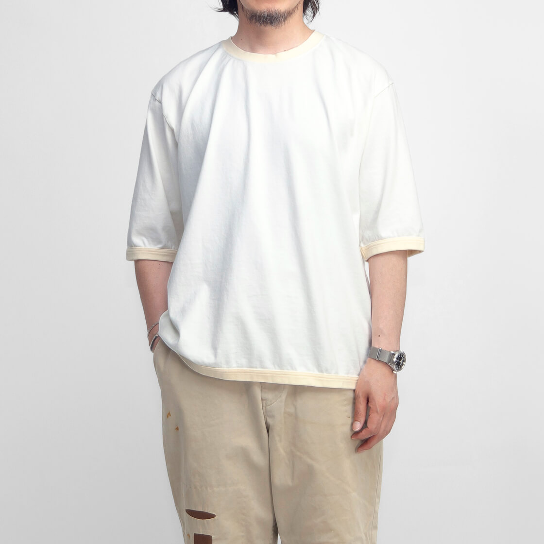 45R 度詰天竺のレース Tシャツ コットン100% 日本製 Mサイズ 45R天竺の908オーシャンTシャツ: WOMEN｜45R