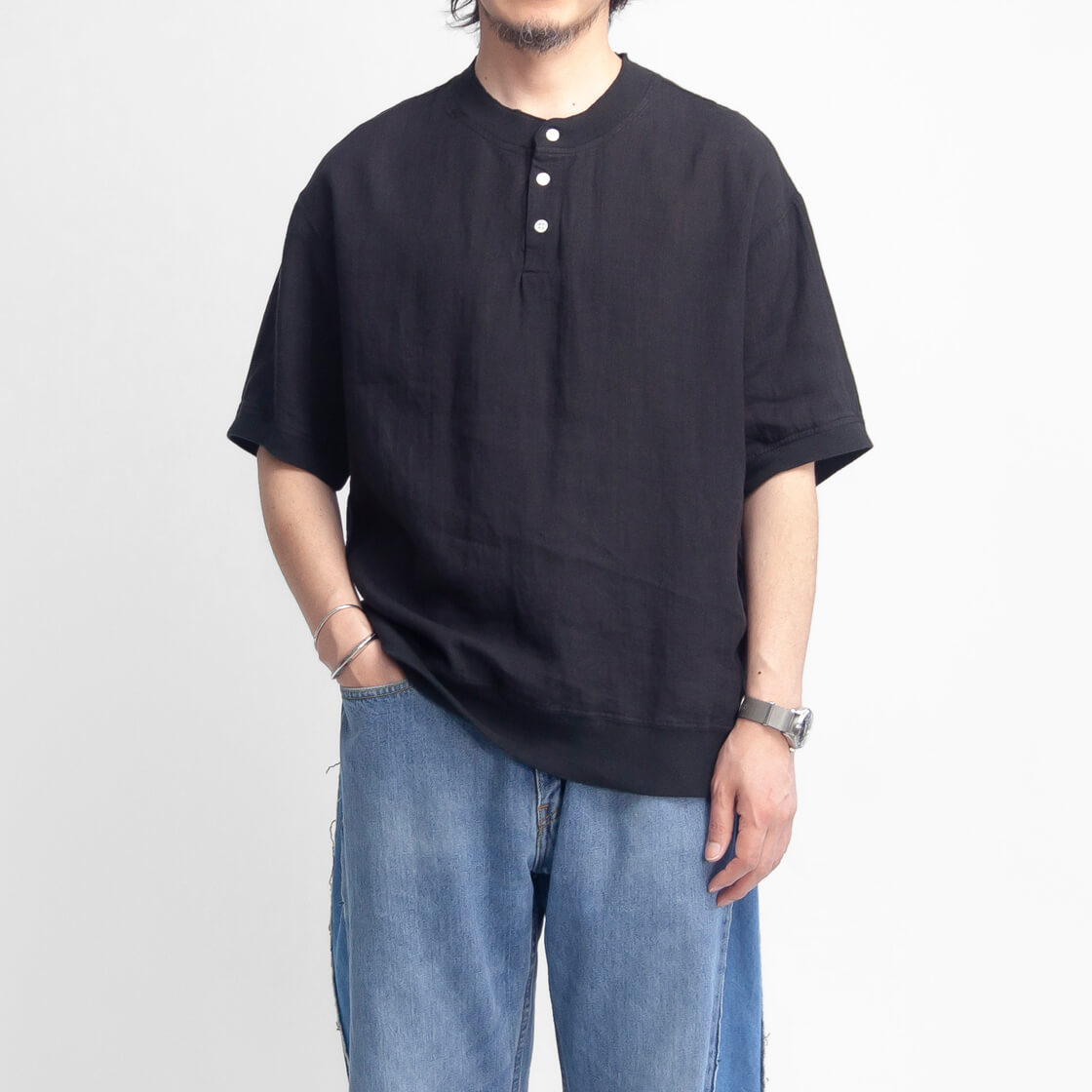 ハブアグッドデイ have a good day 麻100％ リネン ヘンリーネック半袖シャツ 日本製 メンズの画像