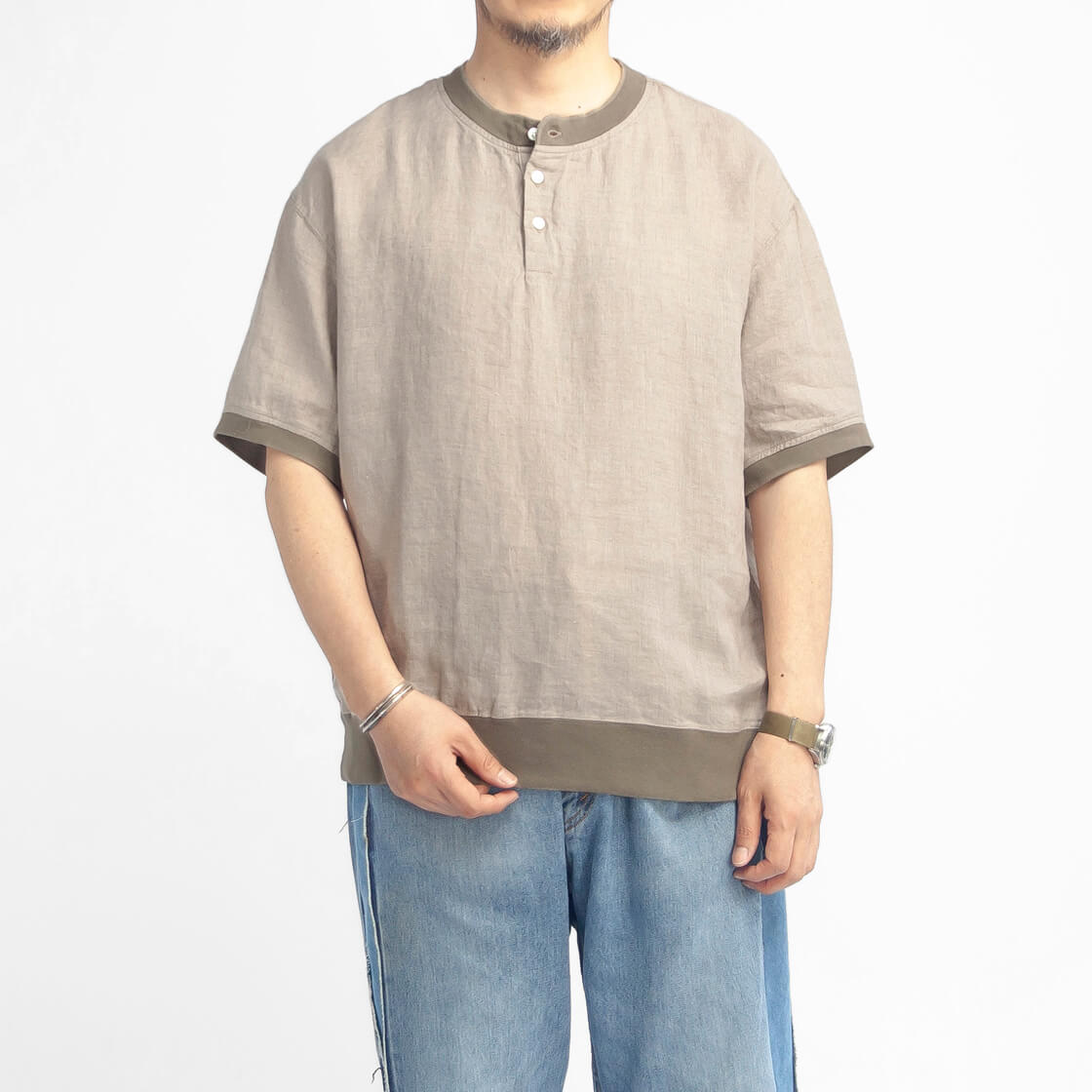 ハブアグッドデイ have a good day 麻100％ リネン ヘンリーネック半袖シャツ 日本製 メンズの画像