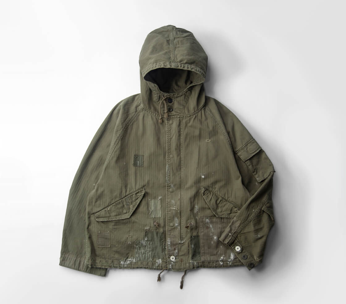 H.UNIT エイチユニット ヘリンボーン フードジャケット M-51 ショートモッズ ダメージ加工 日本製 メンズ