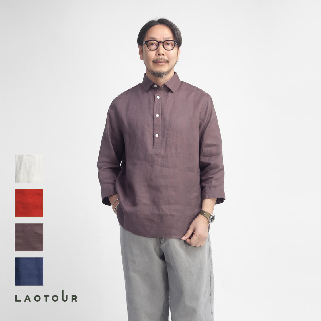 LAOTOUR 麻100％ フレンチリネン プルオーバーシャツ ワイドカラー