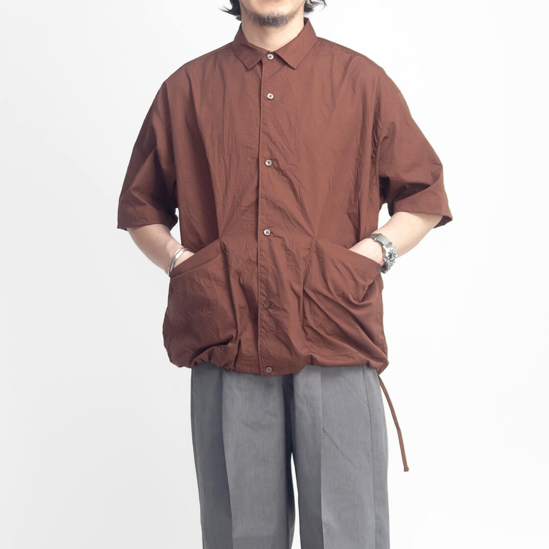 Y's ワイズ　半袖シャツ　シワ加工　羽織り　シルク混　ブラウン　日本製 MANUAL ALPHABET（マニュアルアルファベット） リンクルワッシャー