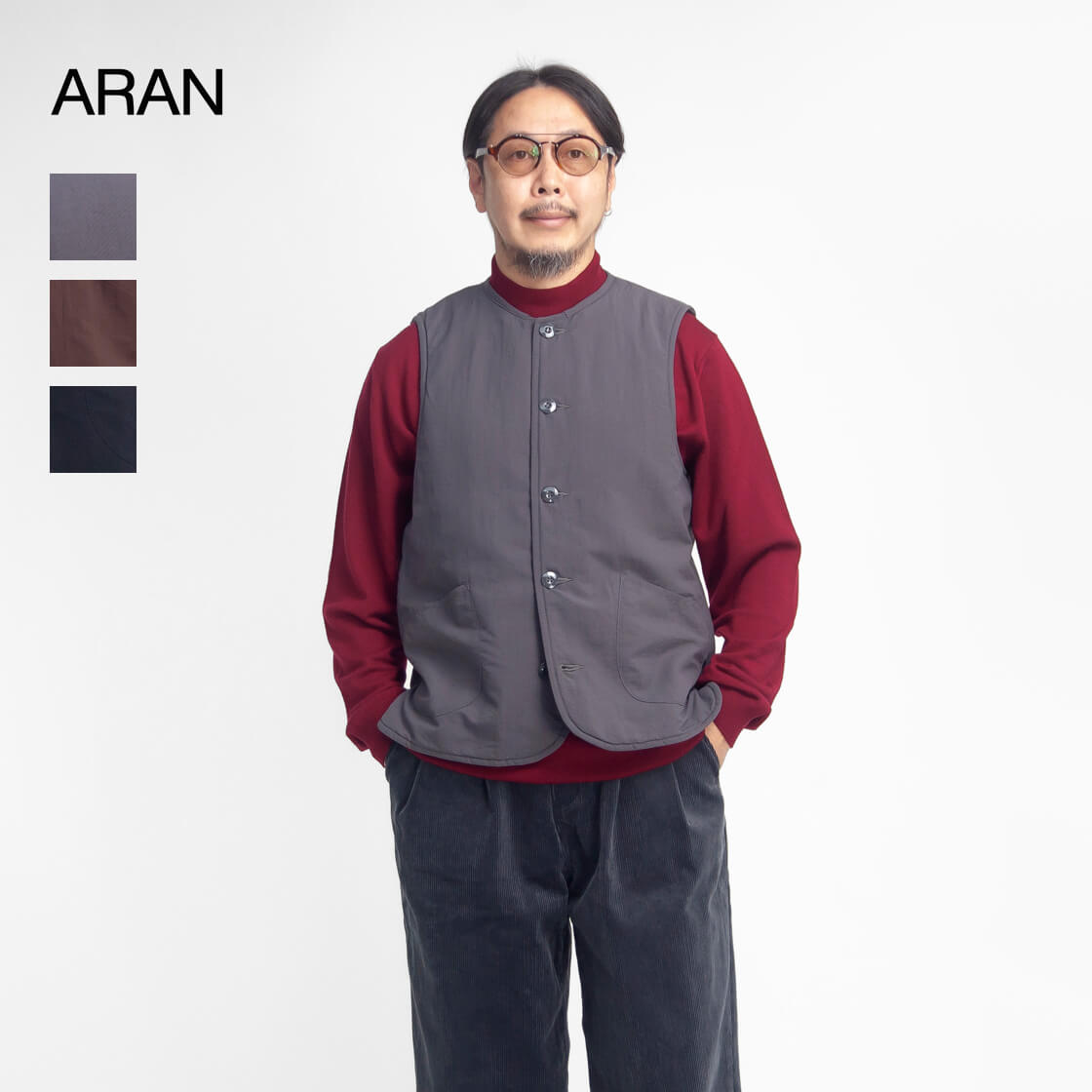 値下不可 ARAN アラン ナイロンタッサーベスト サイズ4＝M相当 アラン ARAN ナイロンタッサー 薄中綿 ベスト 日本製 メンズ : MARC