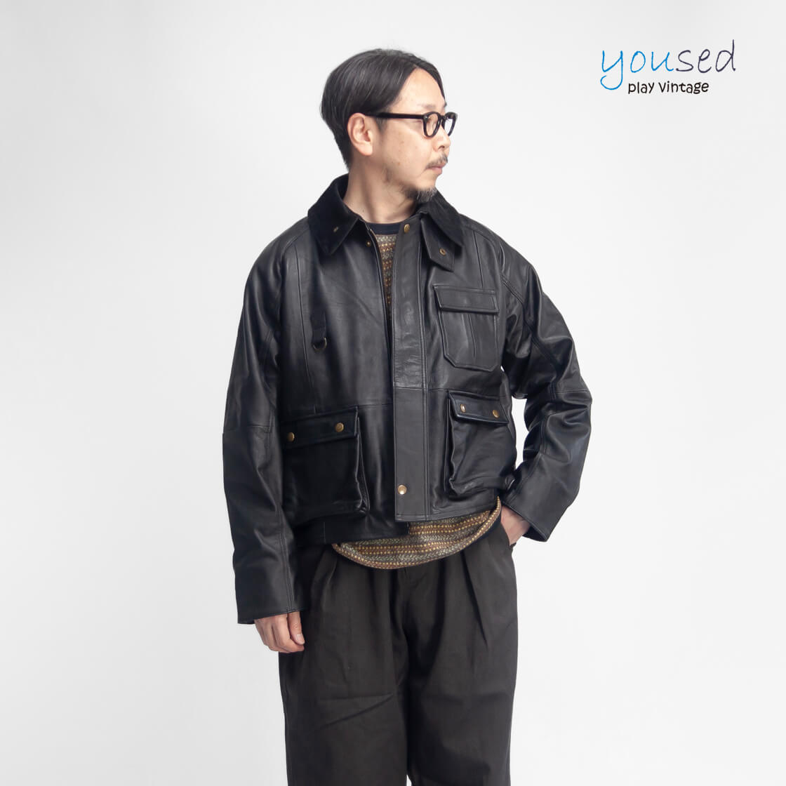 【未使用】ブラックレザー フィッシングジャケット yoused play vintage ユーズド YOUSED フィッシングジャケット 革